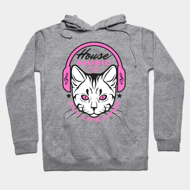 HOUSE MUSIC  - Headphone Cat (Pink/Black) Hoodie by DISCOTHREADZ 